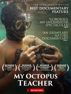 the movie poster for my octopus's teacher, featuring a man in diving gear