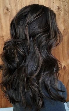 Dark Hair With Definition, Dark Lowlights For Brunettes, Dark Brown With Black Lowlights, Dark Brown With Black Highlights, Brunette With Black Lowlights, Dark Brown To Black Hair, Brunette With Black Highlights, Black With Dark Brown Highlights, Subtle Brown Balayage On Dark Hair