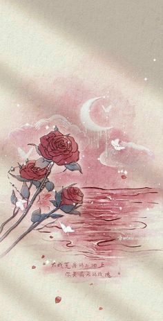 two red roses sitting on top of a wooden table next to water and moon in the sky