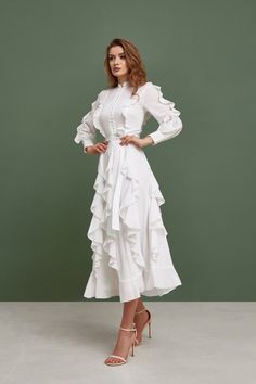 Simple Wedding Dress Chiffon Wedding Dress Buttoned up Ankle - Etsy Formal Long Sleeve Ruffle Dress, Flowy Long Sleeve Dresses With Ruffled Skirt, Elegant White Ruffle Dress, Chiffon Maxi Dress With Ruffles For Wedding, Elegant White Ruffle Dress For Formal Occasions, White Elegant Ruffle Dress For Formal Occasions, Formal Long Sleeve Dress With Ruffles, Chiffon Midi Dress With Ruffles For Wedding, Feminine Midi Dress With Ruffle Hem For Wedding