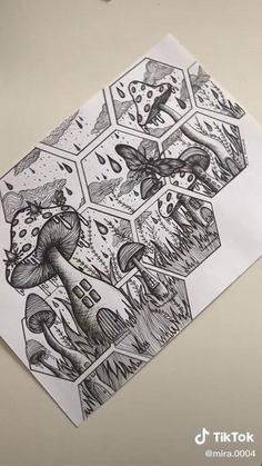 a piece of paper with drawings on it and an insect in the middle of it