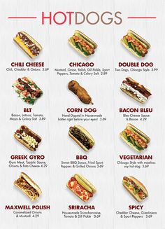 the hot dogs menu is shown with different types of hotdogs and condiments