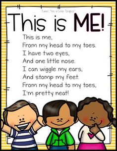 this is me poem with three children standing in front of a white board that says,'this is me from my head to my toes i have two eyes and one little nose