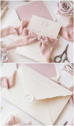 wedding stationery and envelopes with pink ribbon, scissors and rose petals on them