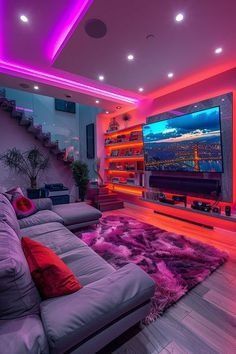 a living room with purple and red lighting