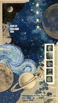 an altered collage with space images and stars on it's side, including the planets