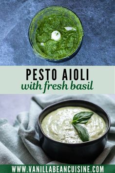 pesto aioli with fresh basil in a black bowl on top of a blue towel