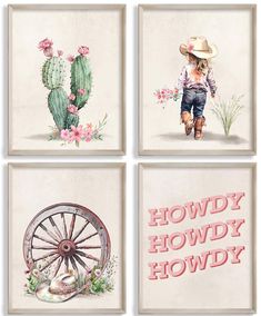 four watercolor paintings of children's artwork with cactus, wheel and cowboy boots