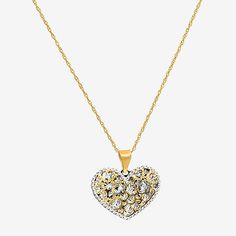 Included: 1 Necklace(s)Features: Quick ShipJewelry Closure: Spring Ring ClaspLink Construction: SolidShape: HeartMetal Color: Two ToneChain Length: 18 InchChain Width: .8 MillimetersPendant Length: 18mmPendant Width: 18mmChain Construction: RopeCare: Wipe CleanMetal: 14k GoldNecklace Type: Pendant NecklacesPendant & Charms Type: PendantsCountry of Origin: Imported Gold Heart Pendant Jewelry With Diamond Accents, Gold Heart Jewelry With Diamond Accents, Heart-shaped Diamond Necklace In Gold, Gold Heart Necklace With Diamond Accents, White Diamond-cut Heart Pendant Necklace, Gold Heart Cut Necklace With Diamond Accents, Gold Diamond Heart Cut Necklace, 14k Gold Heart Pendant Necklace With 17 Jewels, Yellow Gold Diamond Cut Heart Necklace