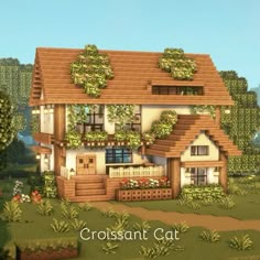 an image of a house in the middle of some trees and bushes with words that read crossant cat