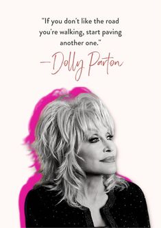 dolly parton quote on pink background with black and white image in the center,