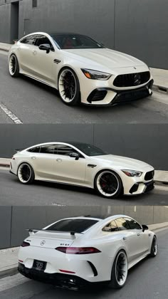 three different views of a white sports car