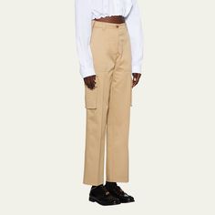 Miu Miu chino pants with cargo pockets and embroidered back logo High rise Side slip pockets; back flap-buttoned pockets Flat front Straight leg Full length Raw edge hem Button/zip fly; belt loops Cotton Dry clean Made in Italy Casual Cotton Miu Miu Bottoms, Workwear Trousers With Multiple Pockets, Casual Miu Miu Bottoms With Pockets, Workwear Cargo Pants With Multiple Pockets, Fitted Cargo Pants With Flap Pockets For Workwear, Workwear Trousers With Flap Pockets, High-waisted Work Pants With Flap Pockets, Straight Pants With Flap Pockets For Workwear, Workwear Straight Cargo Jeans With Flap Pockets