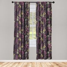 an open window with purple curtains and wooden flooring