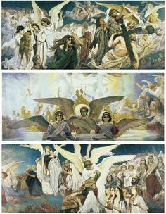 two paintings depicting the crucifixion of jesus and other people in different stages of creation