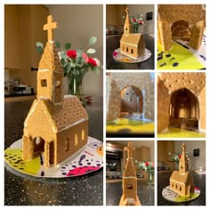 a collage of photos showing different stages of making a gingerbread church with flowers in the background