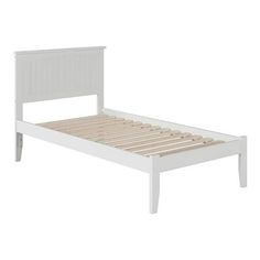 a white bed frame with no headboard and foot board is shown in front of a white background