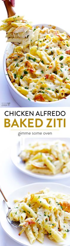 chicken alfredo baked ziti recipe on white plates with text overlay that reads chicken alfredo baked ziti