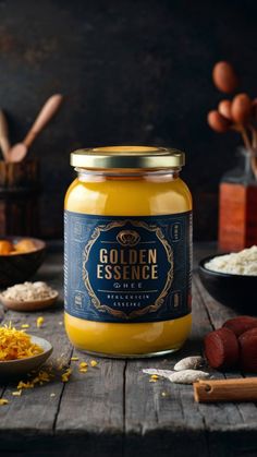 a jar filled with yellow liquid sitting on top of a wooden table next to other ingredients