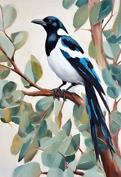 a painting of a blue and white bird perched on a branch