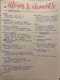 an open notebook with writing on it that says, atomic & elements and the number of protons in each element