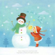 two children are building a snowman in the snow with words written on it that read, winter song