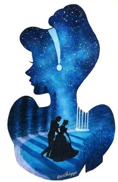 the silhouette of a man and woman in front of a night sky with stars above them