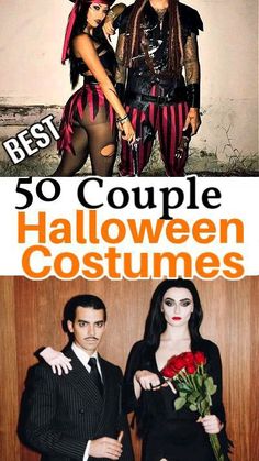 two people dressed up in halloween costumes with the words 50 couple halloween costumes on them