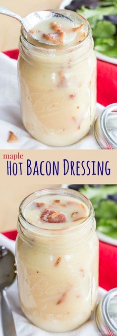 two jars filled with hot bacon dressing on top of a table