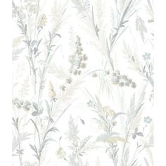 an image of a wallpaper with flowers and leaves on the side, in grey and white