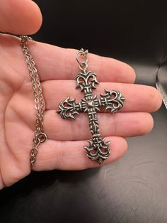 Great cross!  Simple and elegant.  Minor wear on finish. Elegant Metal Crucifix Cross Necklace, Elegant Crucifix Metal Necklace, Elegant Metal Crucifix Necklace, Elegant Metal Cross Jewelry, Elegant Cross-shaped Metal Jewelry, Elegant Cross Jewelry In Metal, Elegant Cross Necklace For Formal Occasions, Elegant Formal Cross Necklace, Formal Cross-shaped Metal Jewelry