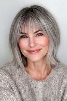 24. Ash Gray Blunt Bob with Straight Bangs (Hairstyles For Women Over 50 With Bangs) - Hairstyles For Women Over 50 With Bangs Grey Hair With Bangs Over 50, Grey Bob With Bangs, Gray Bob With Bangs, Bob With Straight Bangs, Straight Bangs Hairstyles, Gray Haircut, Women Over 50 With Bangs, Over 50 With Bangs, Grey Hair With Bangs