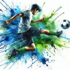 a man kicking a soccer ball on top of a green and blue paint splattered field