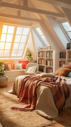 Sunlit cozy bedroom with a bed, colorful pillows, a reading nook by a bay window, and a bookshelf. Soft Cozy Bedroom Aesthetic, Cozy Attic Bedroom Aesthetic, Cosy Warm Bedroom Aesthetic, Bedroom Attic Aesthetic, Indie Attic Bedroom, Cozy Rainy Bedroom Aesthetic, Cozy Attic Bedroom, Cozy Attic, Attic Bedroom Designs