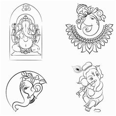 four different types of ganeshi symbols in black and white, each with an image of lord ganeshi