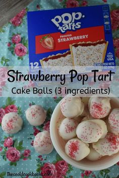 strawberry pop tart cake balls are in a bowl