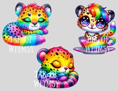 three colorful cartoon animals sitting on top of each other with coffee cups in their paws