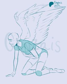 a drawing of a man with wings on his back, kneeling down and looking at the ground