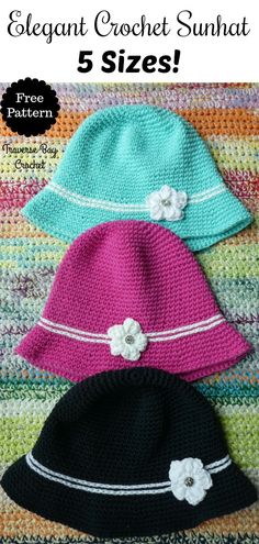 three crochet sunhats with flowers on them and the text, 5 sizes