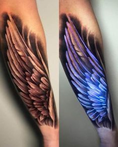 two tattoos with different colored wings on their arms and legs, one is blue and the other is pink