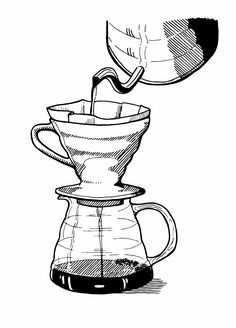 coffee being poured into a cup from a pour - over pot, vintage line drawing or engraving style