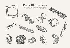 the pasta illustrations are drawn in black and white