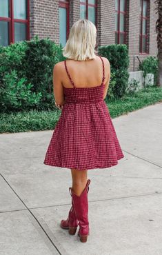 Get ready to turn heads on game day with The Tweed Garnet + Gold Dress! This easy babydoll fit dress is the perfect choice for dressing up while still showing off your team spirit. Simply add some boots and your favorite game day pin... and you're ready to go! Details: Woven, Tweed Game Day Dress Self: 100% Polyester Lining: 97% Polyester, 3% Spandex Sweetheart Neckline, Adjustable Straps, Babydoll Fit, Invisible Zipper Center Back Color: Garnet and Gold True to size: Student Slim Fit Madi is we Casual Gingham Mini Dress For Fall, Game Day Dress, Gameday Dress, Garnet And Gold, Fashion Bottoms, Florida State Seminoles, Alabama Crimson, Fit Dress, Alabama Crimson Tide