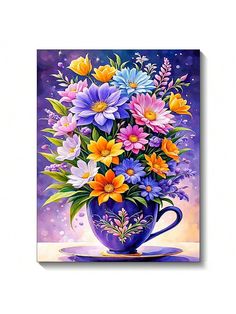 a painting of colorful flowers in a blue vase