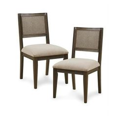 two chairs that are sitting next to each other on a white background, one has a beige seat and the other is brown