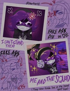 three different pictures with some writing on them, one is purple and the other is black