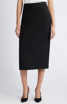 The smooth, stretchy fabric of this streamlined pencil skirt lets you effortlessly transition from desk to dinner. Lined 68% polyester, 28% viscose, 4% spandex Dry clean Imported Sleek Midi Skirt, Sleek Knee-length Lined Skirt, Formal Midi Pencil Skirt, Black Sleek Midi Pencil Skirt, Black Sleek Midi-length Pencil Skirt, Sleek Black Midi Pencil Skirt, Sleek Black Midi Length Pencil Skirt, Elegant Workwear Skirt With Straight Hem, Sleek Office Skirt With Lining