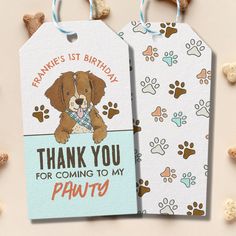 two tags that say thank you for coming to my pawty