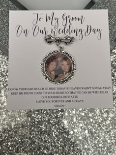 a card with an image of two people on it and the words to my groom on our wedding day