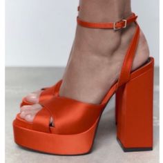 Zara Brand New Orange Heels Satin Platform Style Size 39 Bold Evening Sandals For Spring, Orange Block Heel Sandals For Evening, Orange Ankle Strap Heels For Party, Bold Heels With Ankle Strap And Heel Strap, Bold Heels With Heel And Ankle Strap, Bold Evening Heels With Wrapped Heel, Orange Platform Sandals For Evening, Evening Orange Platform Sandals, Bold Block Heel Sandals For Party